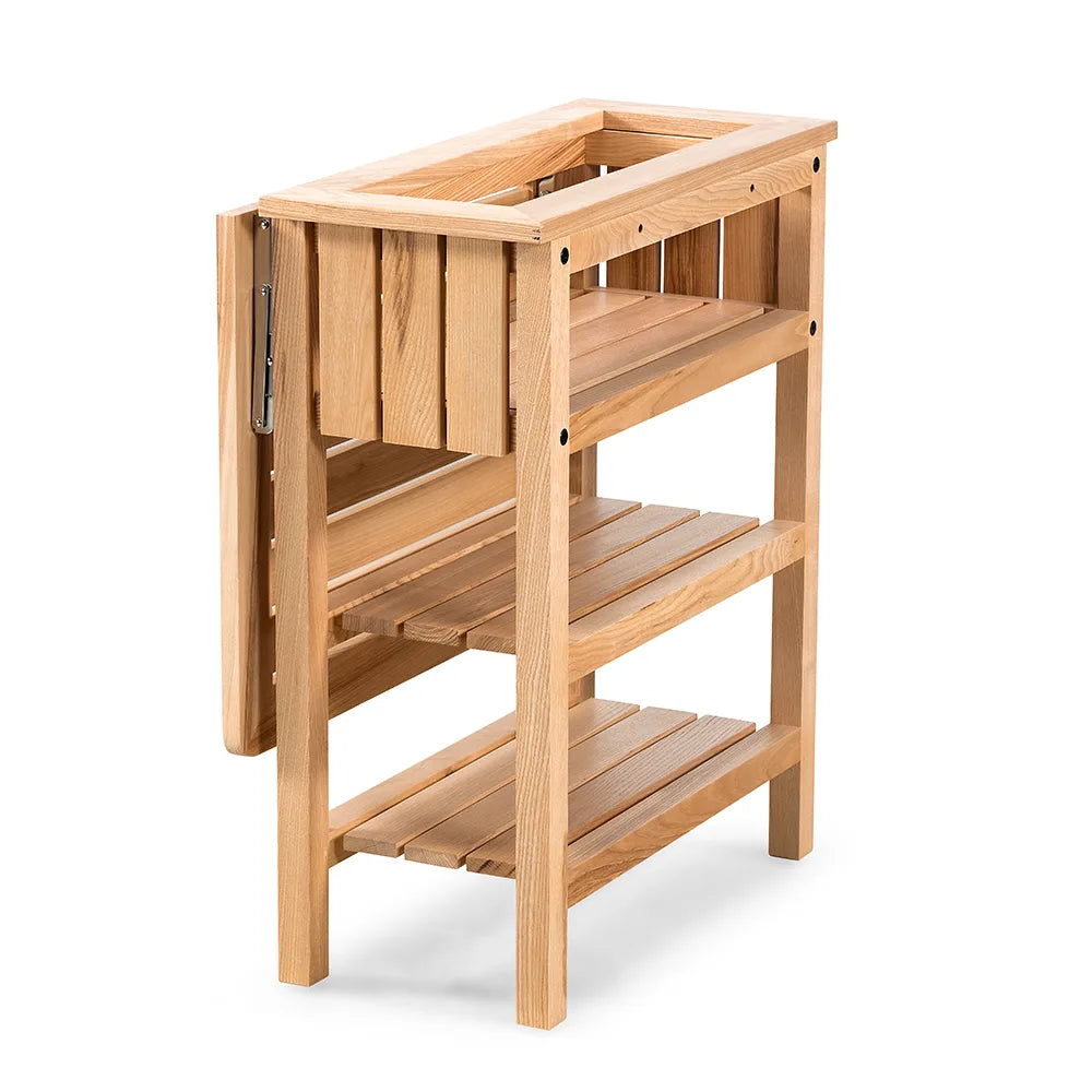 drewniany stolik ogrodowy z otwieranym blatem i doniczka