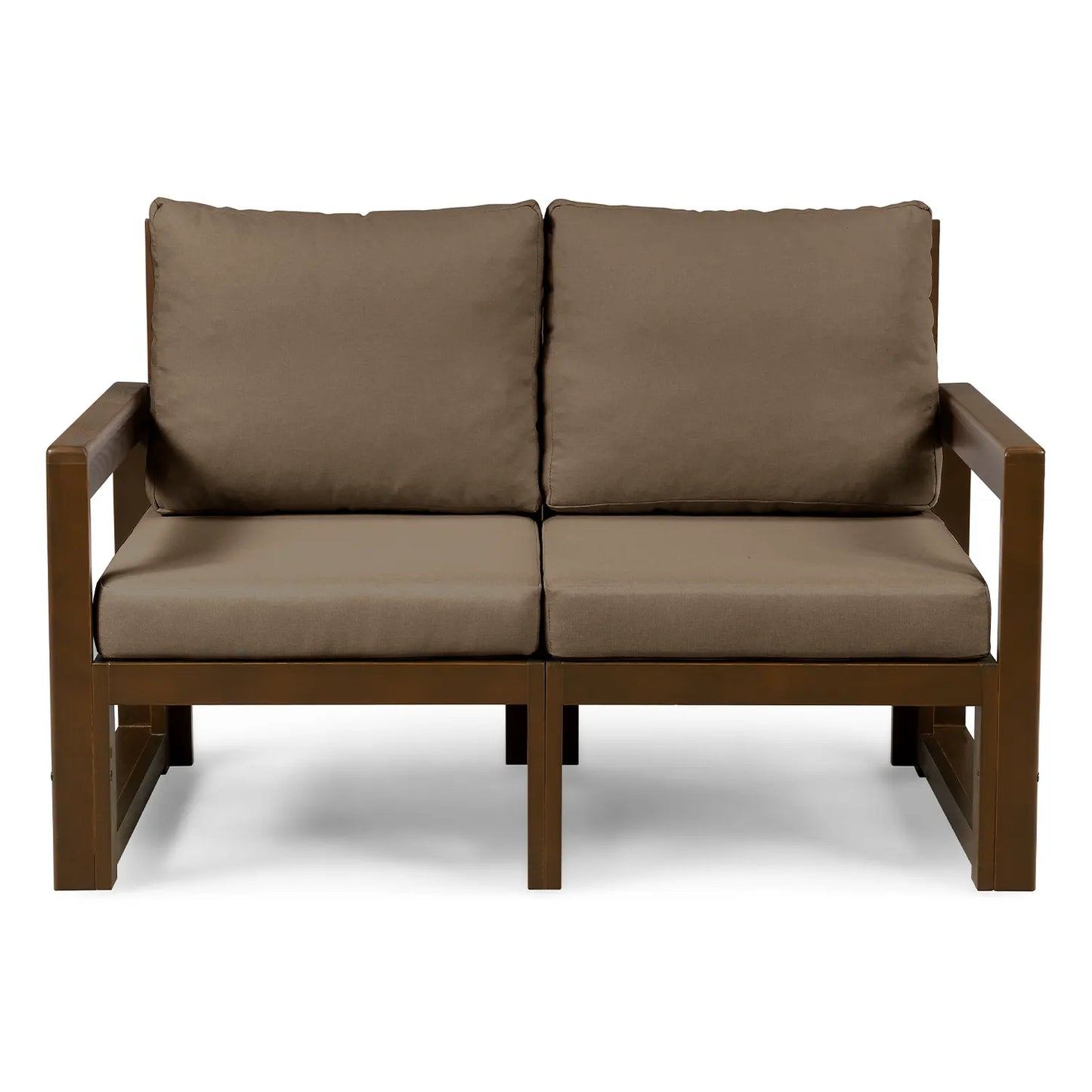 drewniana sofa 2 osobowa chillout z brazowymi poduszkami