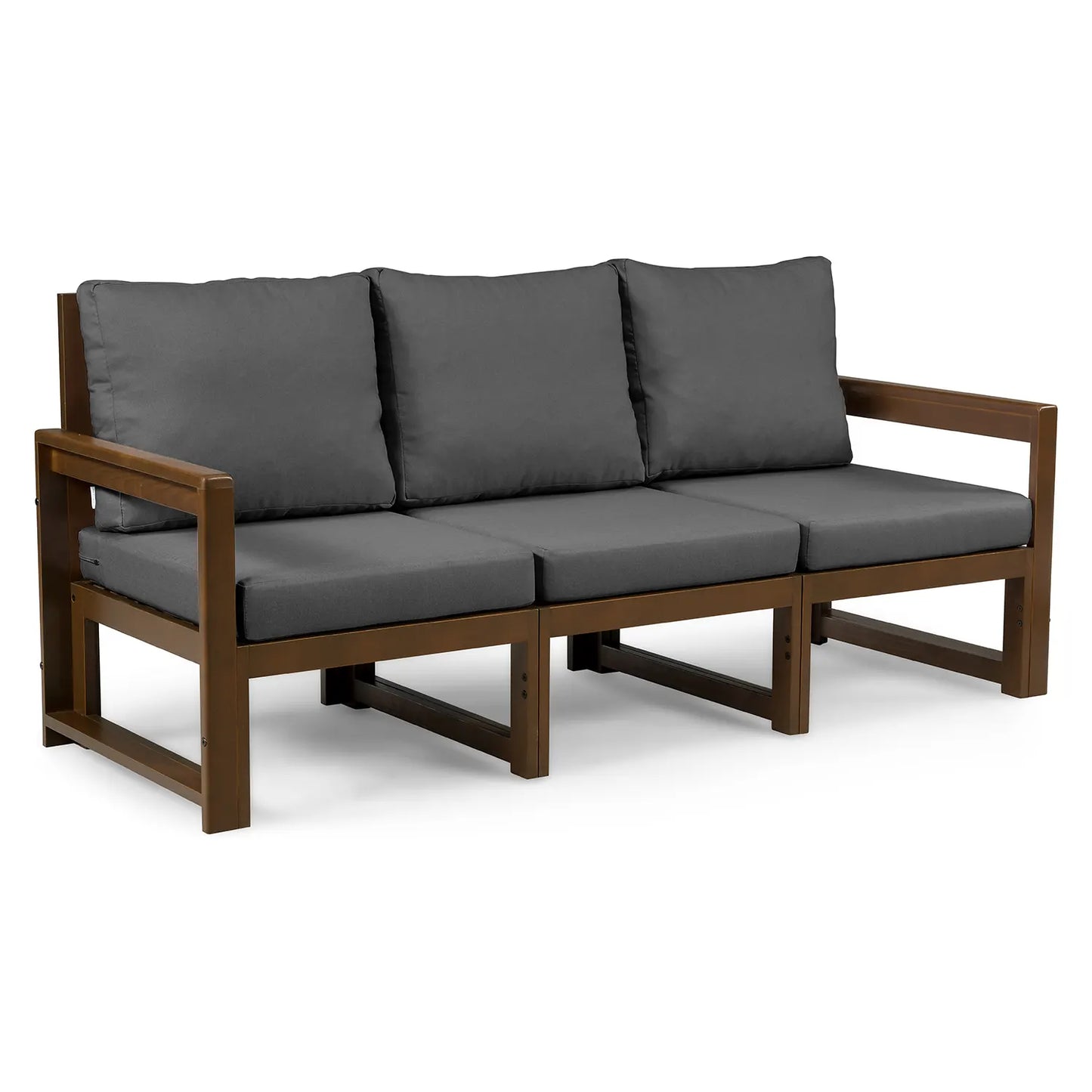 drewniana sofa 3 osobowa chillout z ciemnoszarymi poduszkami