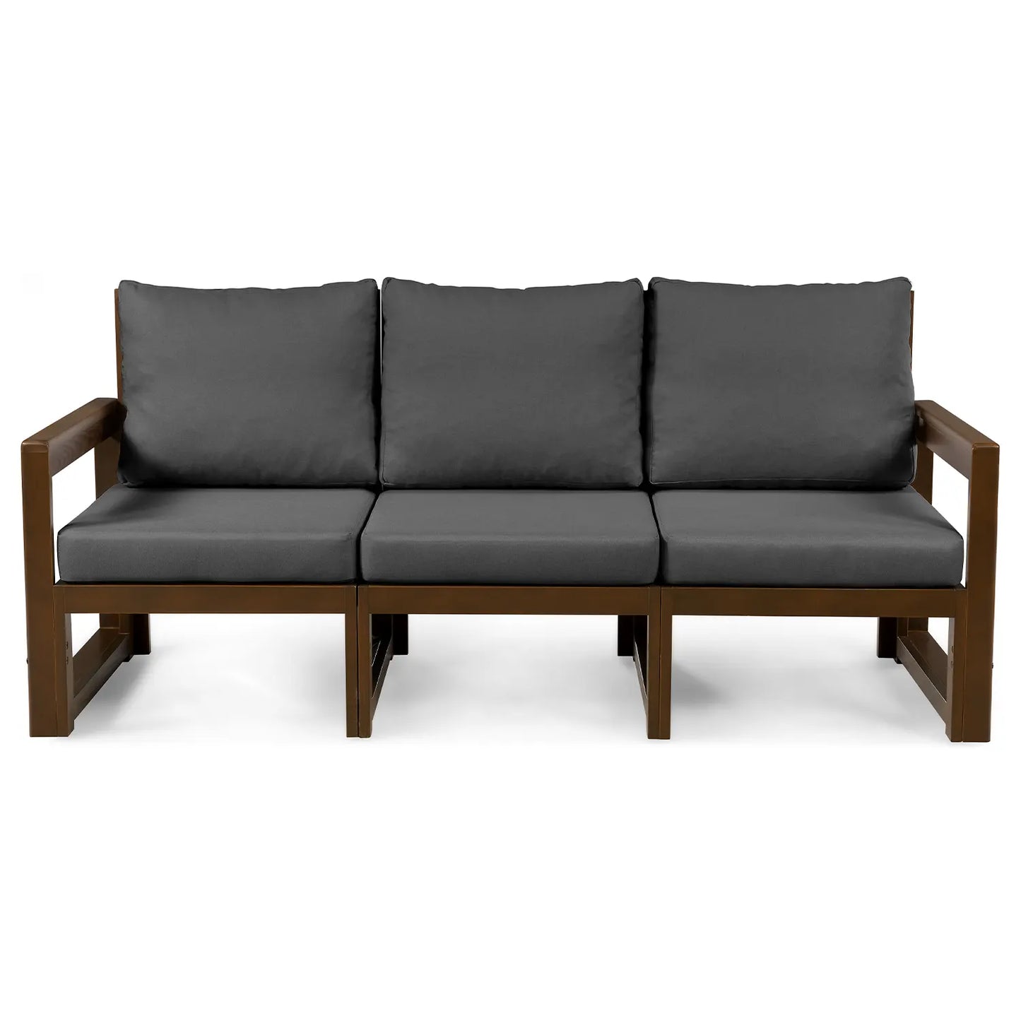 drewniana sofa 3 osobowa chillout z ciemnoszarymi poduszkami