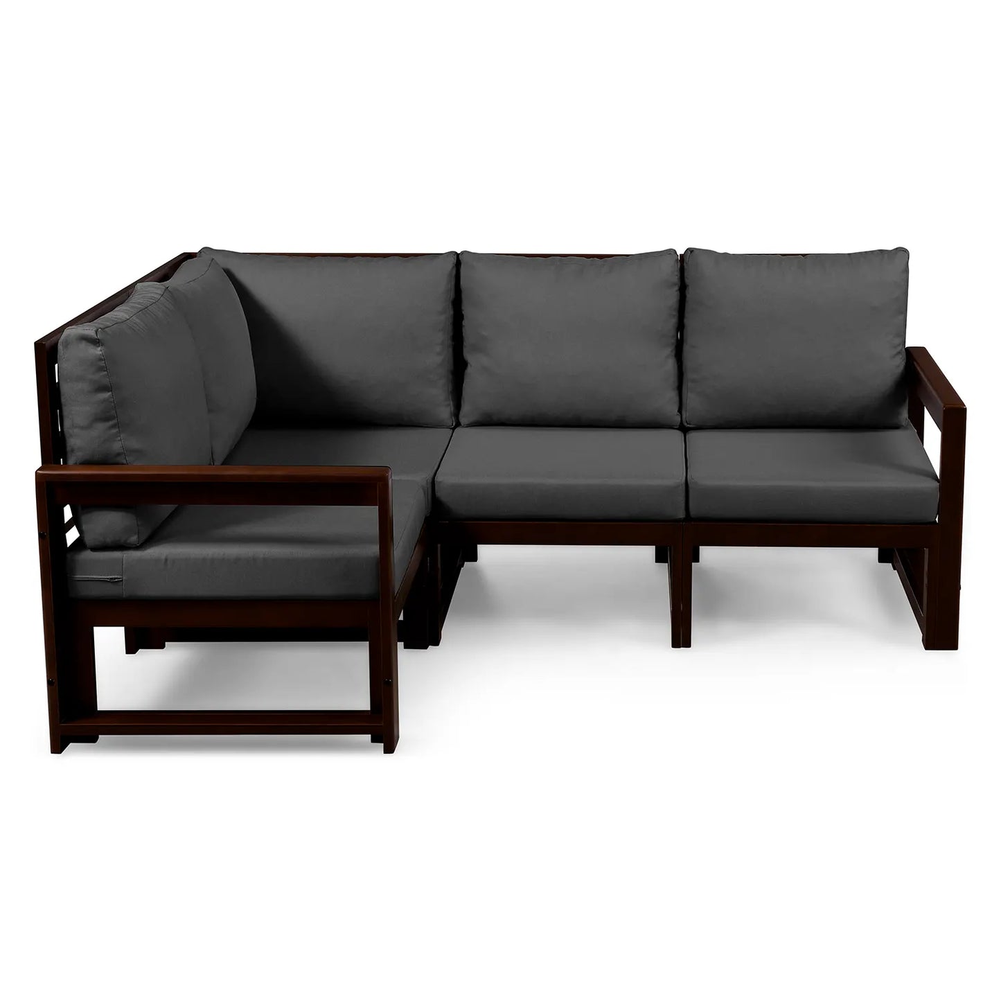 drewniana sofa 4 osobowa chillout z ciemnoszarymi poduszkami